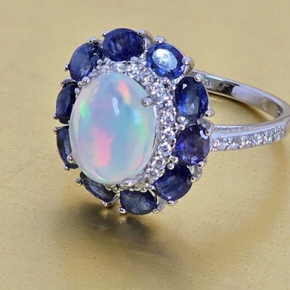 925 Sterling Silver Ring with Natural White Opal 8x10mm & Sapphire Gems - Picture 4 of 15